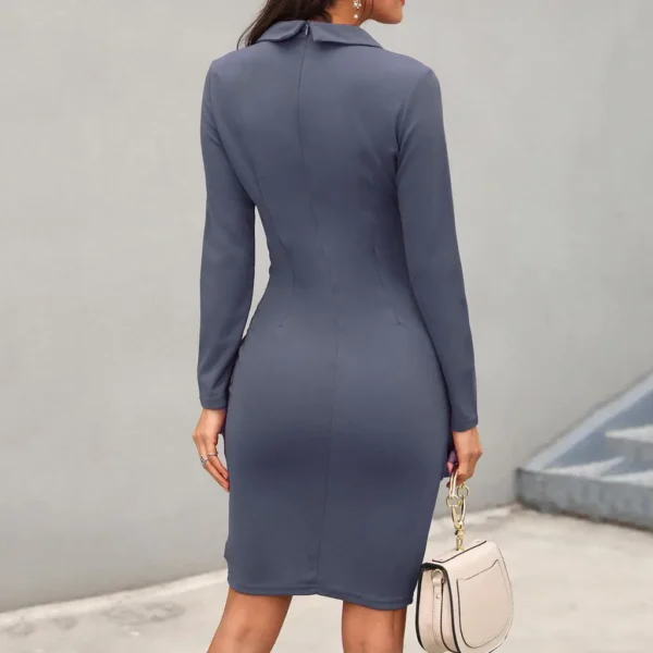 Sexy Solid Button Color Slim Office Lady Long Sleeve Dress - Image 17