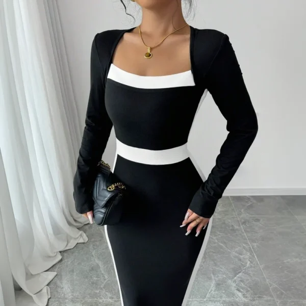 New High Waist Square Neck Dress Maxi Korean Long Knitted Dresses - Image 2