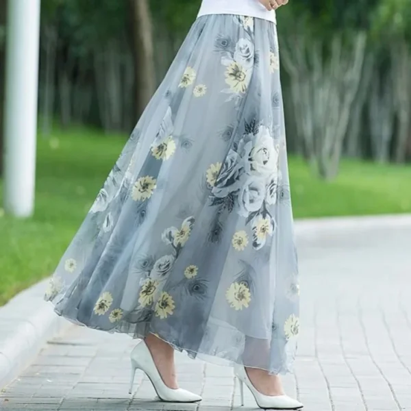 New Elegant A-Line Full Length Chic Chiffon Floral Print Skirt - Image 11