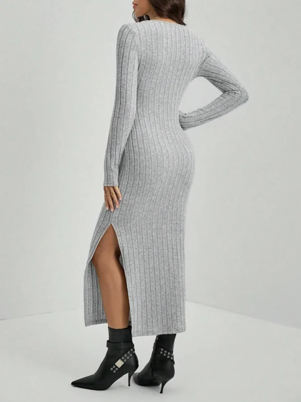 Maxi Casual Stripe U Neck Elastic Basic Split Full Length Long Knitted Dresses - Image 4