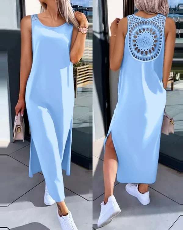 Summer Daily Straight Mid-Calf Casual Plain Round Neck Sleeveless Dress - Image 7