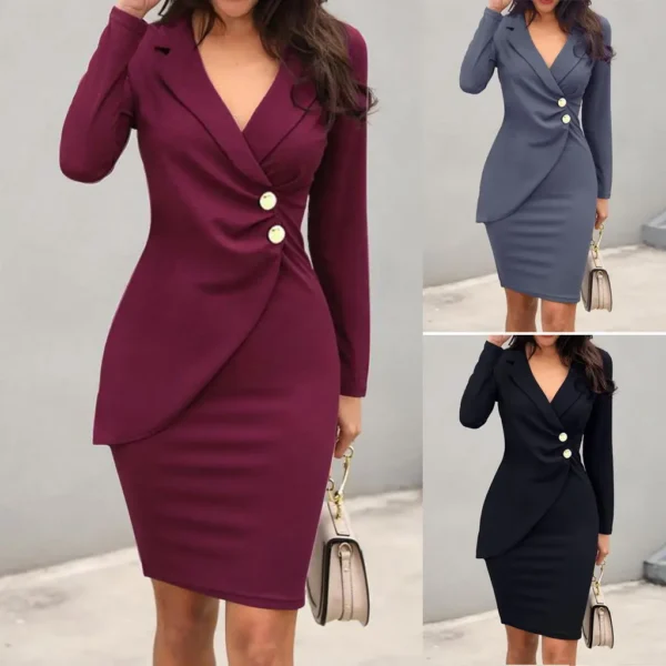 Sexy Solid Button Color Slim Office Lady Long Sleeve Dress - Image 11