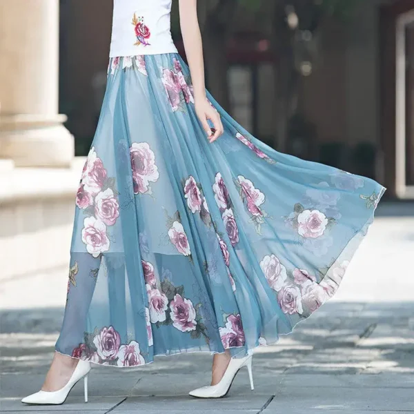 New Elegant A-Line Full Length Chic Chiffon Floral Print Skirt - Image 9