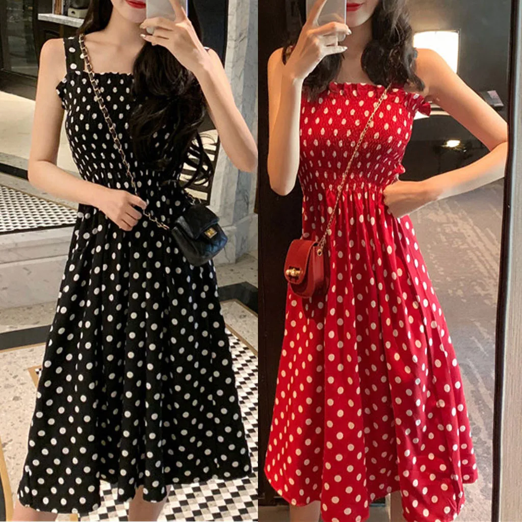 Summer Casual Loose None Sleeve Polka Dot Shoulder Sexy Dress