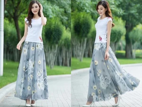 New Elegant A-Line Full Length Chic Chiffon Floral Print Skirt - Image 26