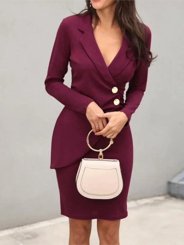 Sexy Solid Button Color Slim Office Lady Long Sleeve Dress