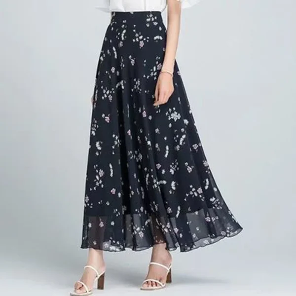 New Elegant A-Line Full Length Chic Chiffon Floral Print Skirt - Image 14