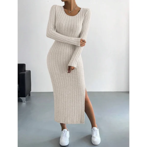 Maxi Casual Stripe U Neck Elastic Basic Split Full Length Long Knitted Dresses - Image 5