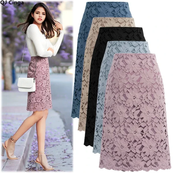Summer Classic Knee-Length High Waist Elegant Lace Office Skirts for Women