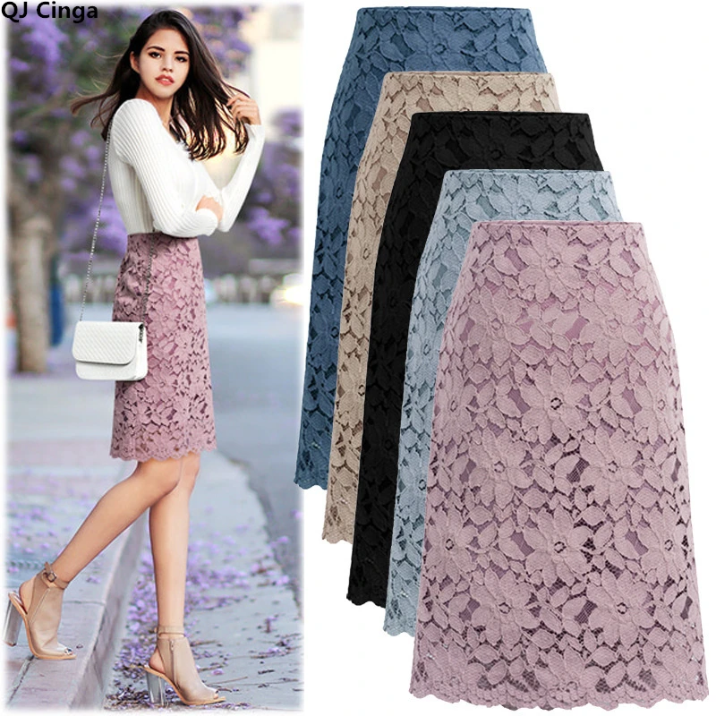 Summer Classic Knee-Length High Waist Elegant Lace Office Skirts for Women
