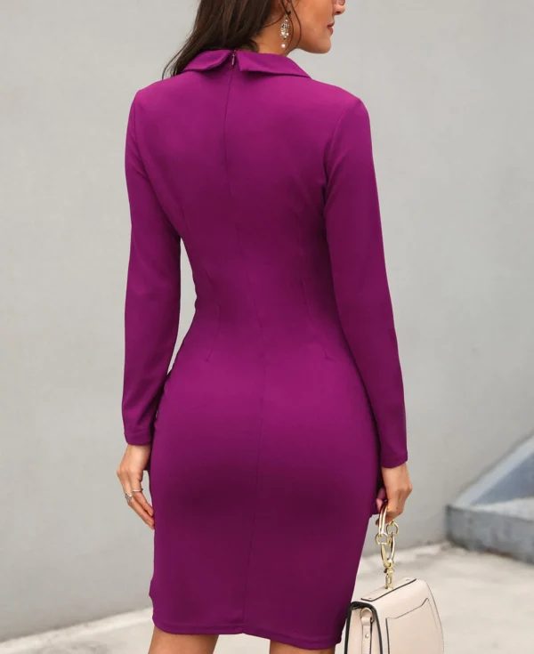 Sexy Solid Button Color Slim Office Lady Long Sleeve Dress - Image 19