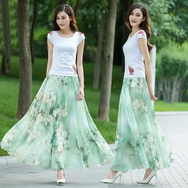 New Elegant A-Line Full Length Chic Chiffon Floral Print Skirt - Image 7