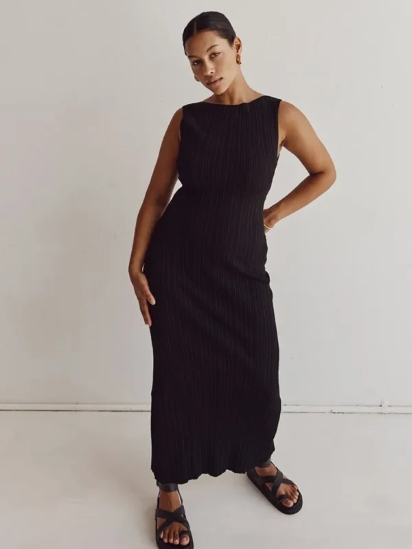 New Casual Solid Color Sleeveless O Neck Cotton Knitted Party Long Dress - Image 5