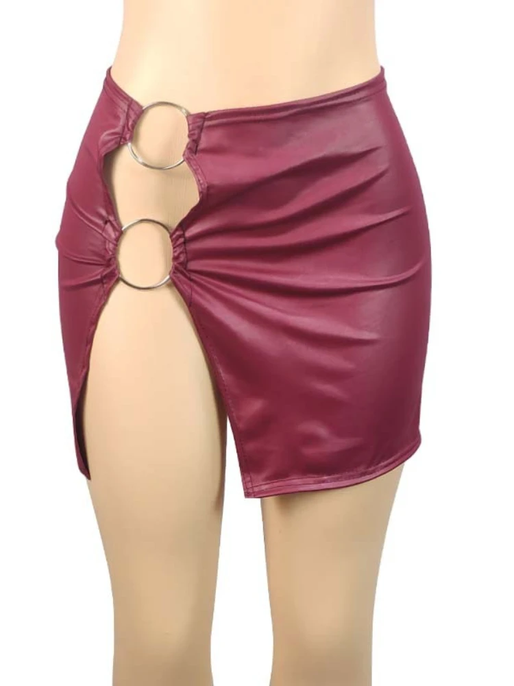 PU Imitation Leather Slim Split Metal Ring Side Mini Club Party Skirt