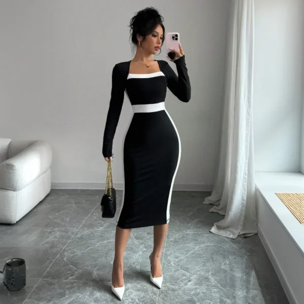 New High Waist Square Neck Dress Maxi Korean Long Knitted Dresses