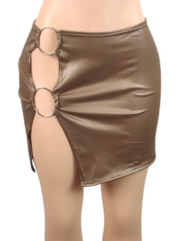 PU Imitation Leather Slim Split Metal Ring Side Mini Club Party Skirt - Image 3