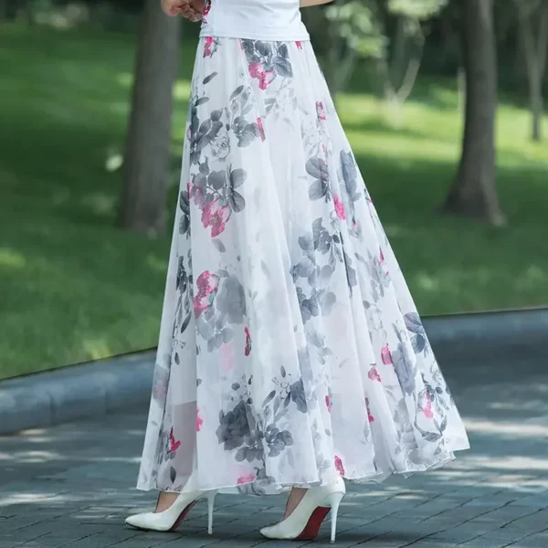 New Elegant A-Line Full Length Chic Chiffon Floral Print Skirt - Image 15