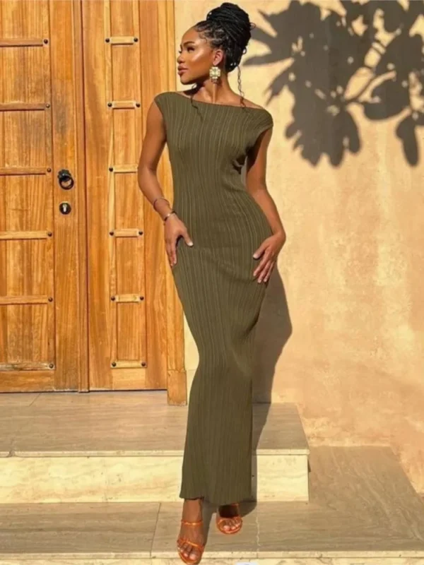 New Casual Solid Color Sleeveless O Neck Cotton Knitted Party Long Dress - Image 2
