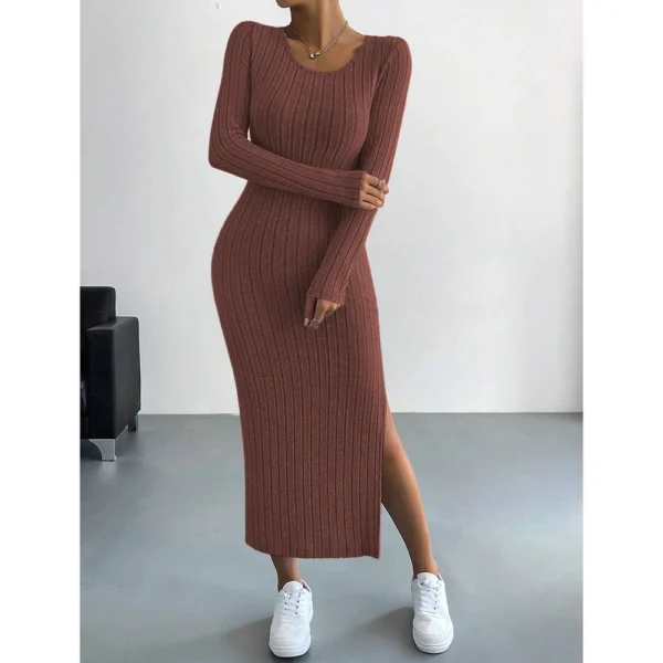 Maxi Casual Stripe U Neck Elastic Basic Split Full Length Long Knitted Dresses - Image 8
