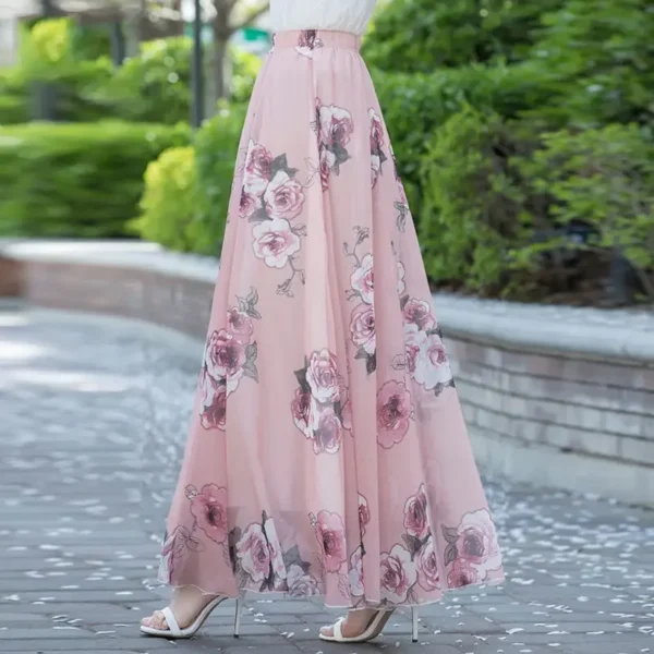 New Elegant A-Line Full Length Chic Chiffon Floral Print Skirt - Image 16
