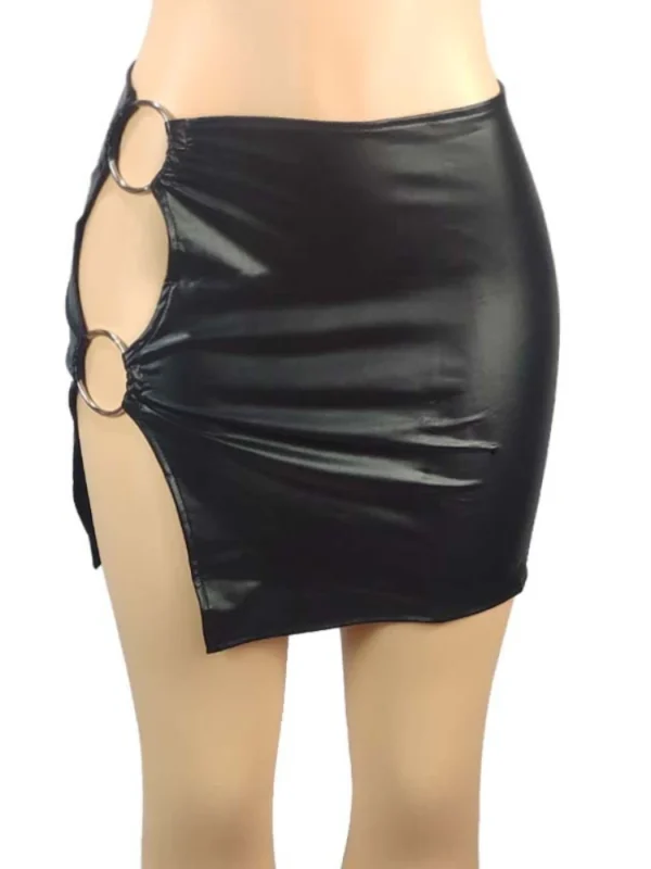 PU Imitation Leather Slim Split Metal Ring Side Mini Club Party Skirt - Image 2