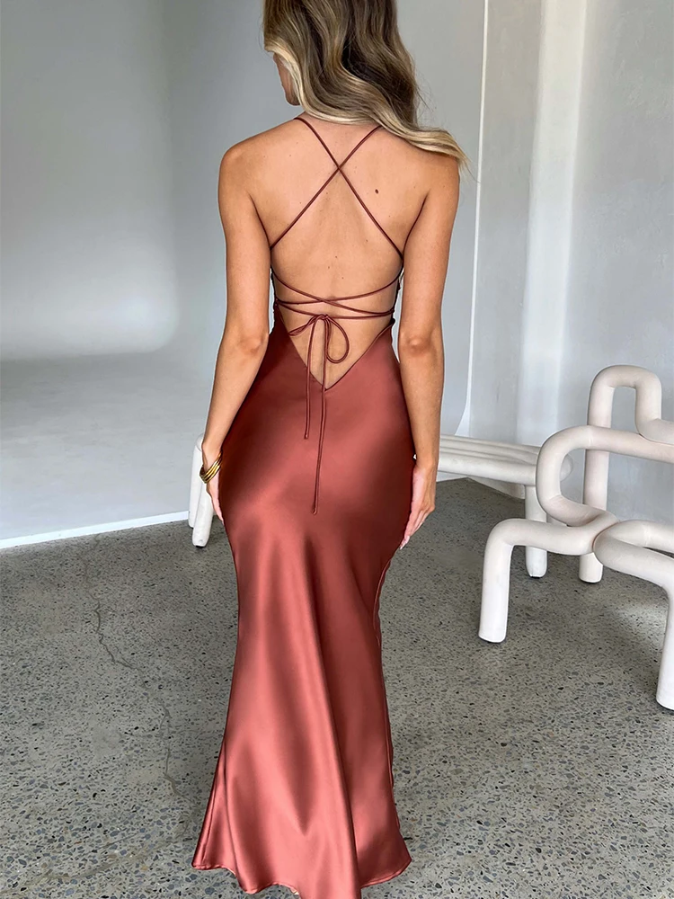 Articat Satin Backless Lace Up Mermaid Slip Dress Women Sweetheart Neck Sexy Slim Bodycon Dresses Elegant Silk Gown Partywear - Image 4