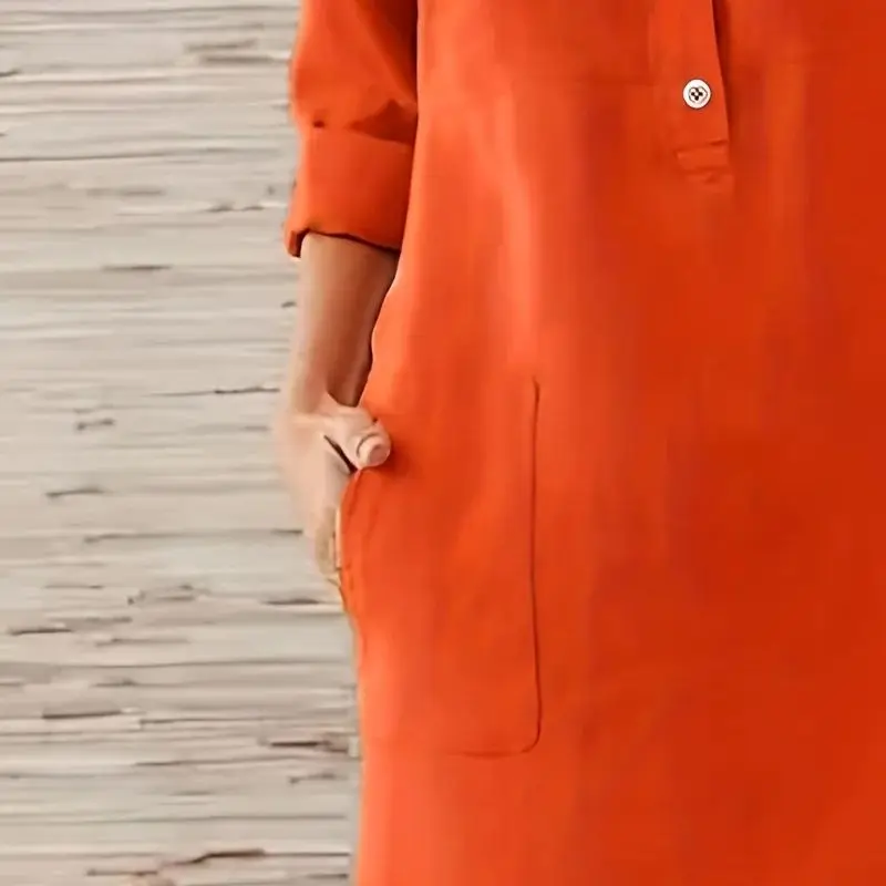 Plus size women's spring & summer round tie buttons polyester fiber urban beauty intellectual elegant solid color fashion dress。 - Image 4
