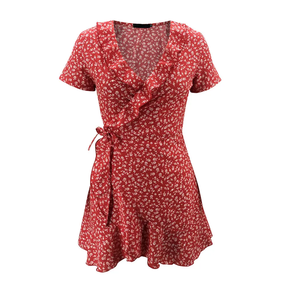 Summer Women’s Floal A-Line Dress Sweet Elegant Floral Ruffles V-neck Bandage Short Dress for Lady Chic Flowers Mini Dress - Image 6