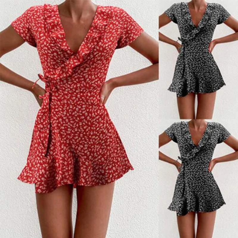 Summer Women’s Floal A-Line Dress Sweet Elegant Floral Ruffles V-neck Bandage Short Dress for Lady Chic Flowers Mini Dress - Image 5