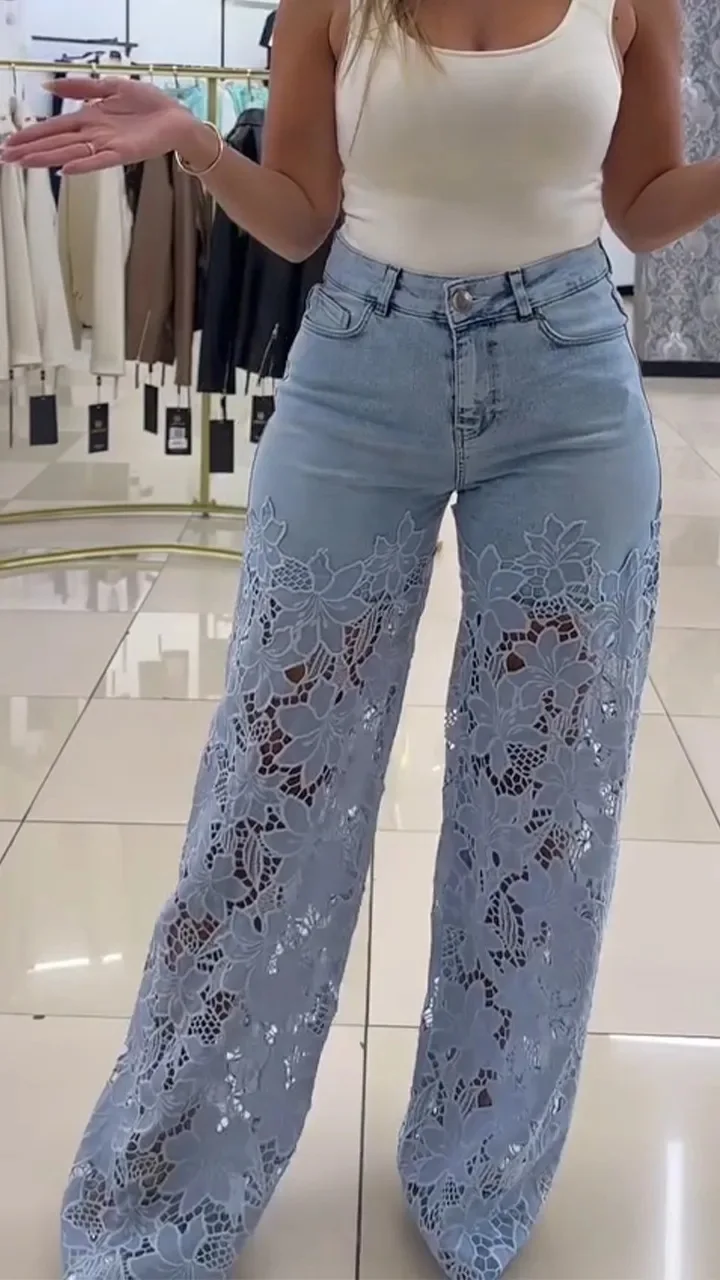 Fashion Elegant Jeans for Women High Waist Lace Patchwork Pantalones Hollow Out Oversized Spring Casual Loose All Match Pants - Image 11