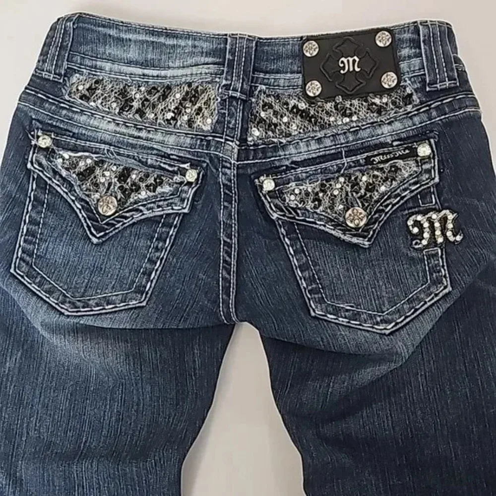Bootcut Jeans, Women's Clothing, Harajuku Blue Bling Button Flap Pockets Jeans, Gothic High Waist Slim Fit Denim Pants Trousers - Image 7