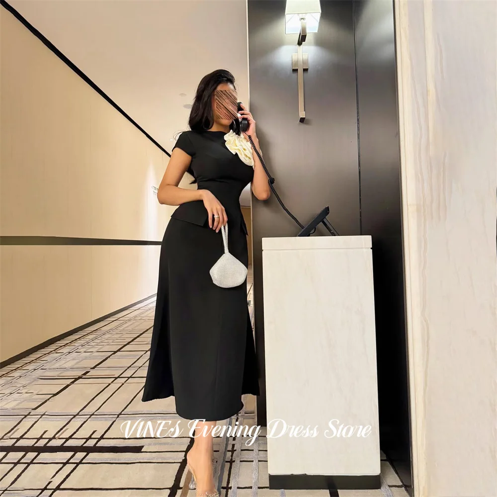 Black Party Dress Round Neck Regular Short Sleeve Night Dress, Satin Celebrity Dress - Image 4