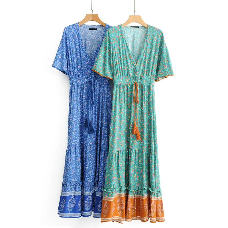 Happie Queens Fashion Women Floral Print V-neck Rayon Cotton Beach Bohemian Dresses Ladies Tassel Summer Boho Maxi Dress - Image 4