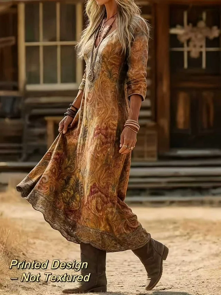 Women's Spring/Summer Vintage Ethnic Floral Art Print V-Neck Long Sleeve Dress, Bohemian Casual Midi Dress - Soft Stretchy Material - Image 4