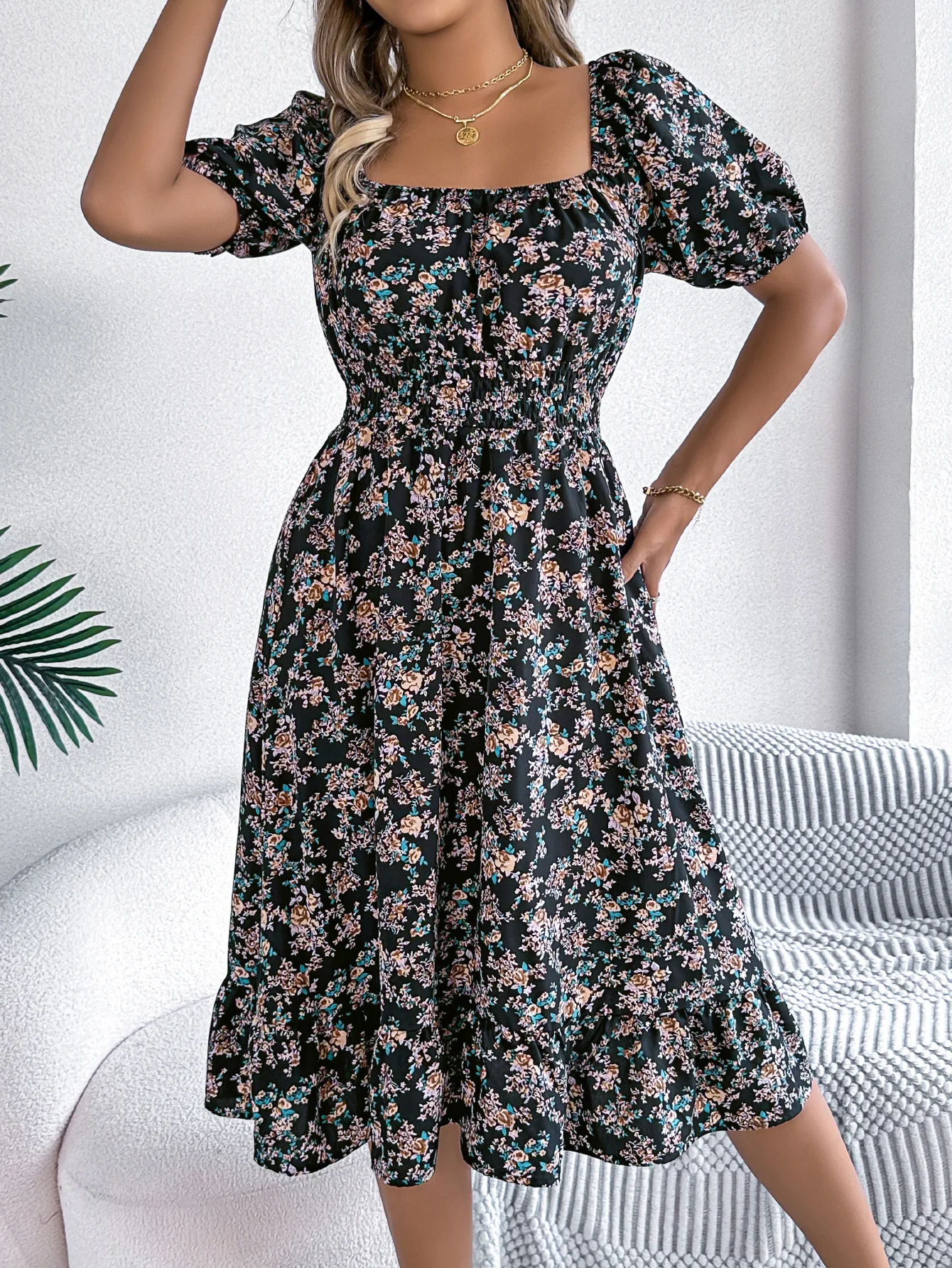 Summer Women's Beach Dress Floral 3D Print Square Neck Short-Sleeved Ladies Waist Ruffled A-Line Dress For Women Holiday Dresses - Image 4