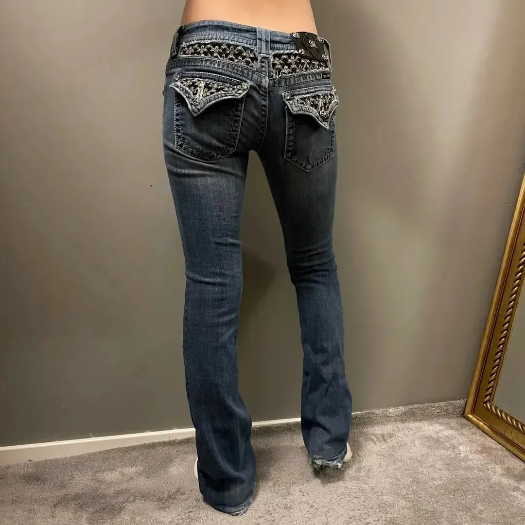 American Pocket Embroidered Sequin Jeans Harajuku Retro Blue Loose Jeans New Fashionable High Waisted Slim Fit Flared Pants