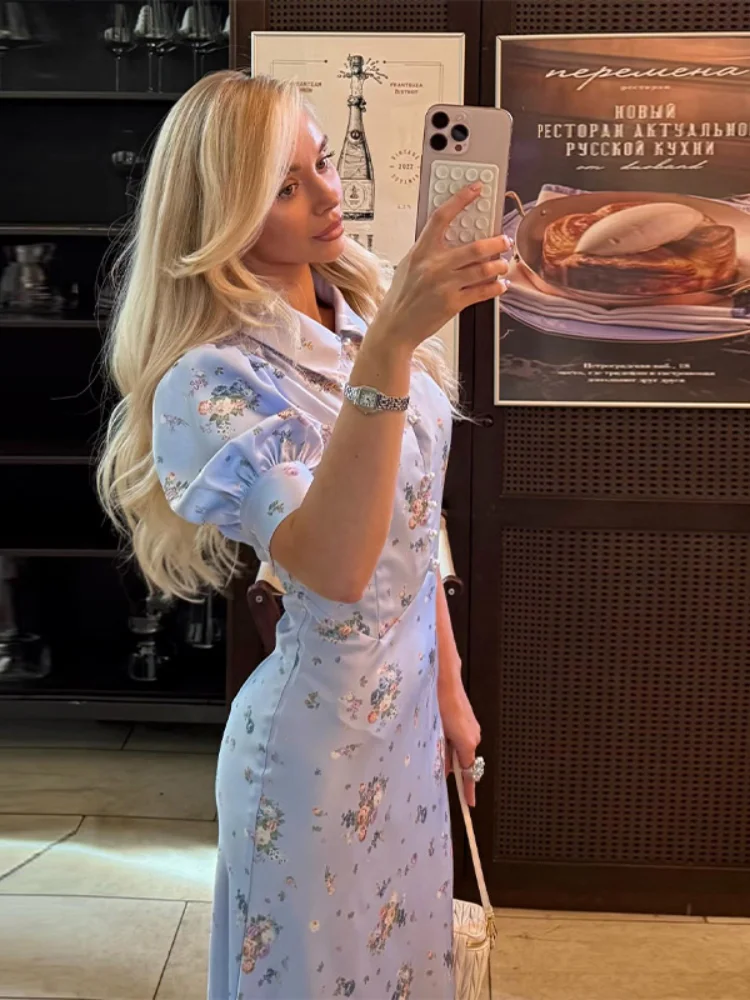 Pearl Button Floral Long Dress Woman Lapel Short Bubble Sleeve Waist Cinched Print Slim Dresses Elegant Fashion Lady's New Dress - Image 3