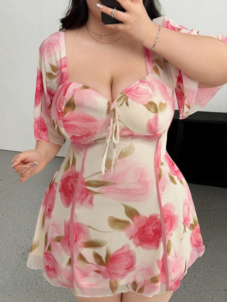 Plus Size Romantic Floral Pink Yellow Ruffle Sleeve Dress Short Sleeve V Neck Waistband Fitted Tiered - Image 3