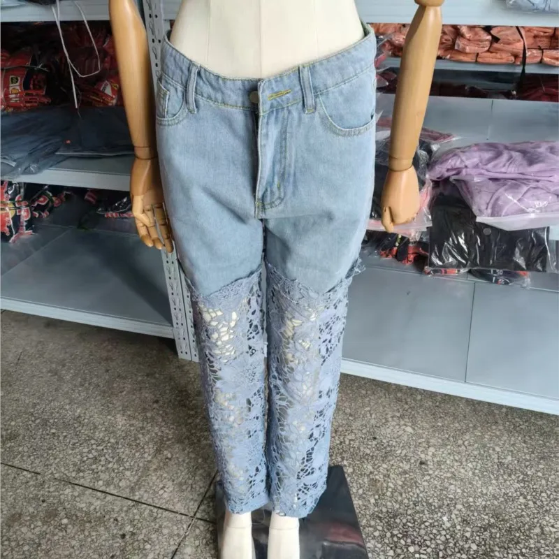 Fashion Elegant Jeans for Women High Waist Lace Patchwork Pantalones Hollow Out Oversized Spring Casual Loose All Match Pants - Image 6