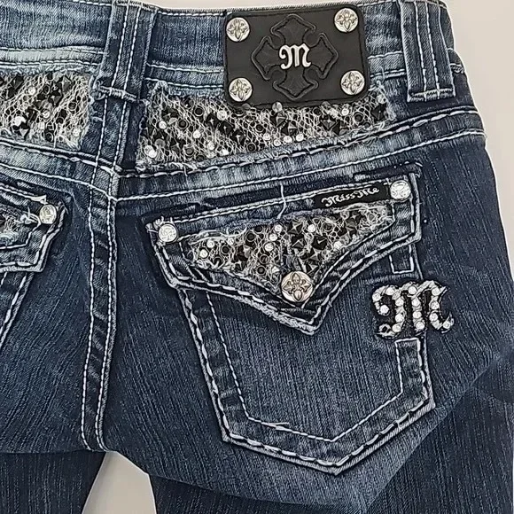 Bootcut Jeans, Women's Clothing, Harajuku Blue Bling Button Flap Pockets Jeans, Gothic High Waist Slim Fit Denim Pants Trousers - Image 3
