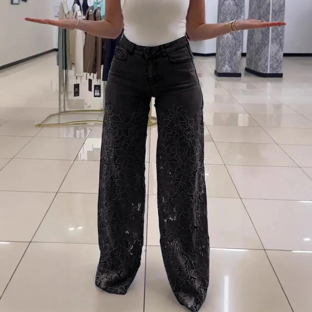 Fashion Elegant Jeans for Women High Waist Lace Patchwork Pantalones Hollow Out Oversized Spring Casual Loose All Match Pants - Image 7