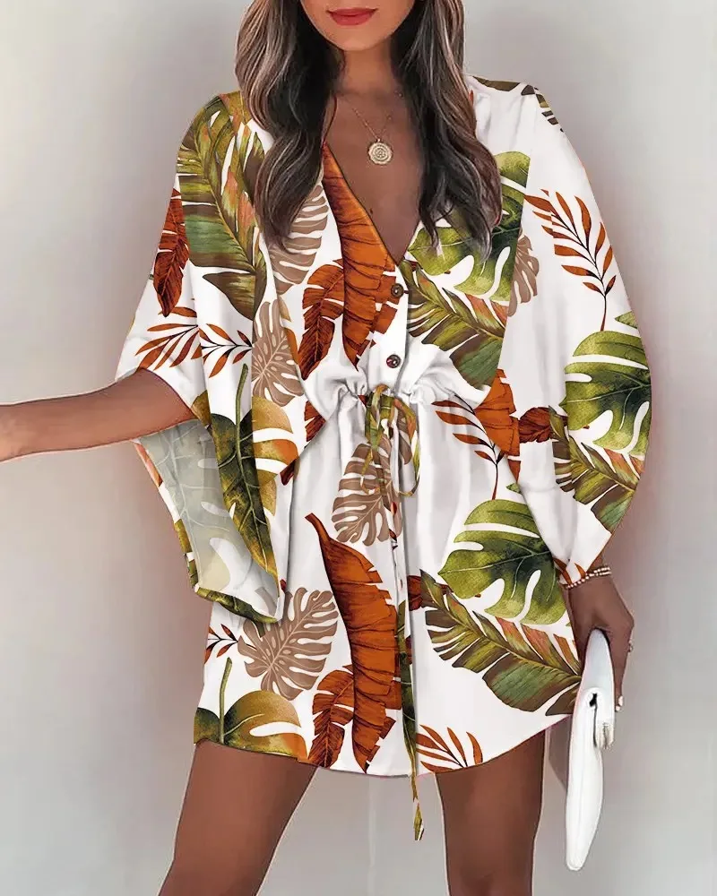 Summer Dress For Women 2024 New Floral Print Bat Half-Sleeve V-Neck Ruffle Irregular Hem Female Dress Casual Boho Women Clothes - Image 6