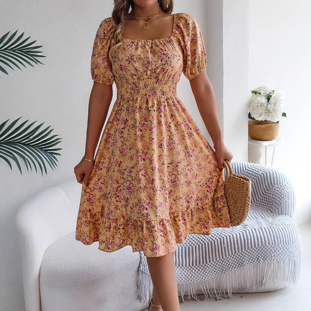 Summer Women's Beach Dress Floral 3D Print Square Neck Short-Sleeved Ladies Waist Ruffled A-Line Dress For Women Holiday Dresses - Image 6
