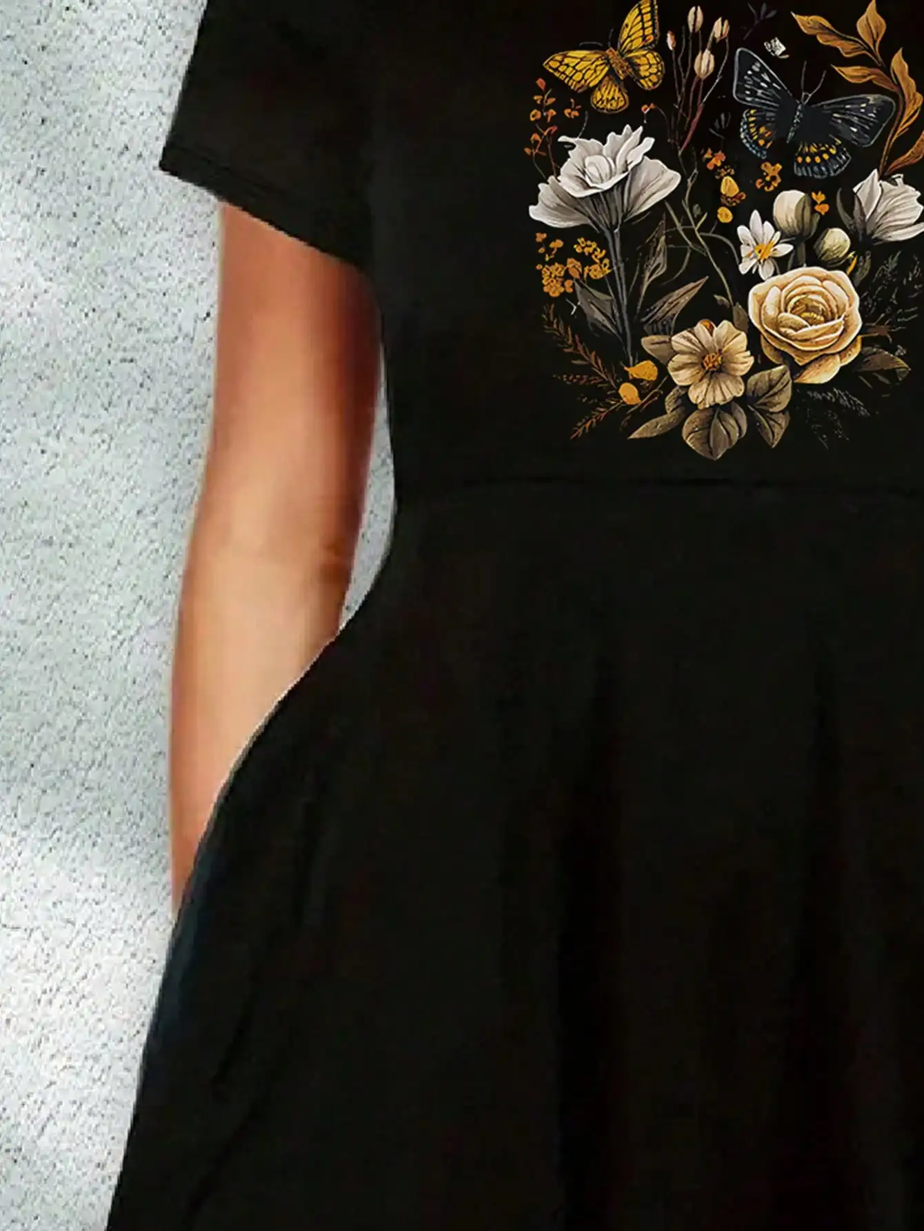2026 women's casual plus size spring/summer butterfly flower print round neck loose solid color short sleeved dress long skirt - Image 4