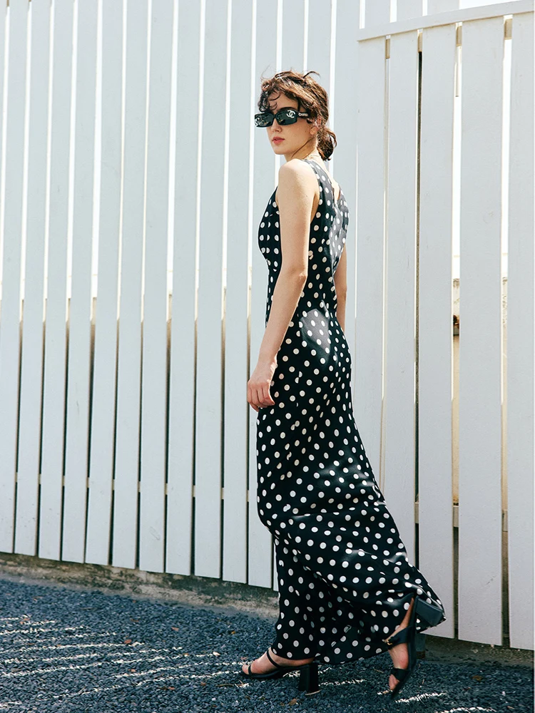 Woman Maxi Dress, 100%Real Silk, Bias cut, Dots Printed Long Dresses, 2025 Spring Summer Clothes, Black - Image 4