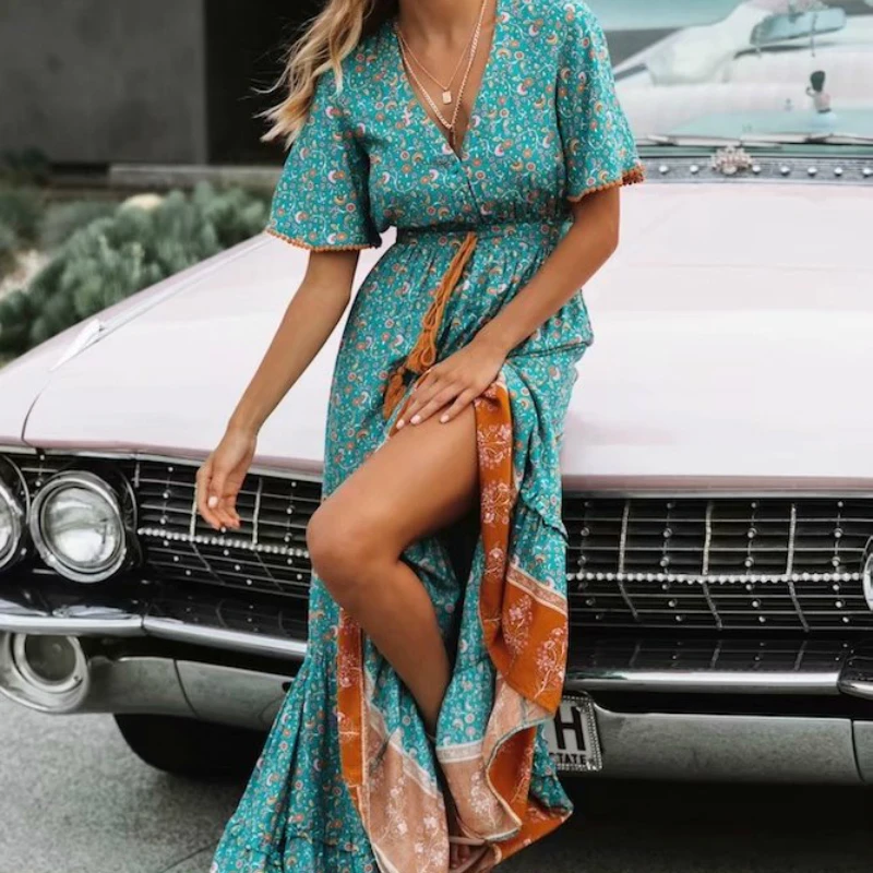 Happie Queens Fashion Women Floral Print V-neck Rayon Cotton Beach Bohemian Dresses Ladies Tassel Summer Boho Maxi Dress - Image 2