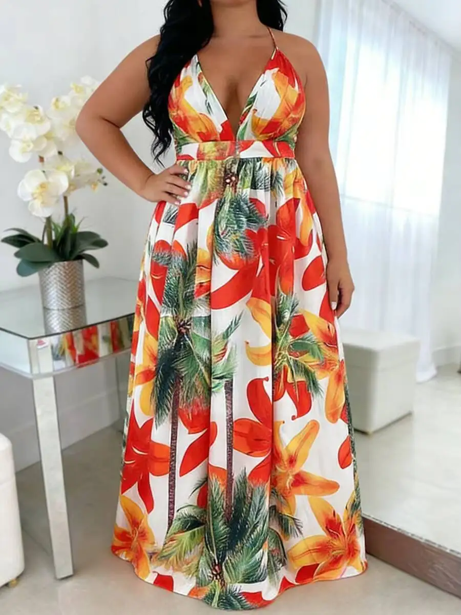 Women's Plus Size Cami Dress Deep V-neck Tropical Plant Print High Waist A Line Maxi Dress Spring Summer Boho Vacation Dress - Image 6