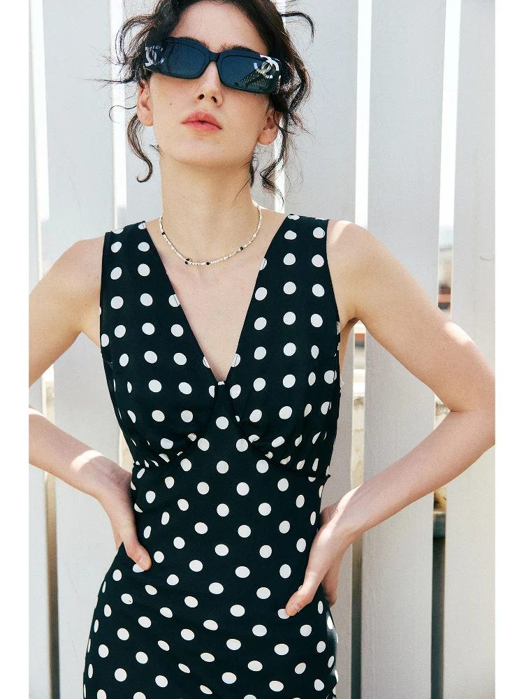 Woman Maxi Dress, 100%Real Silk, Bias cut, Dots Printed Long Dresses, 2025 Spring Summer Clothes, Black - Image 3