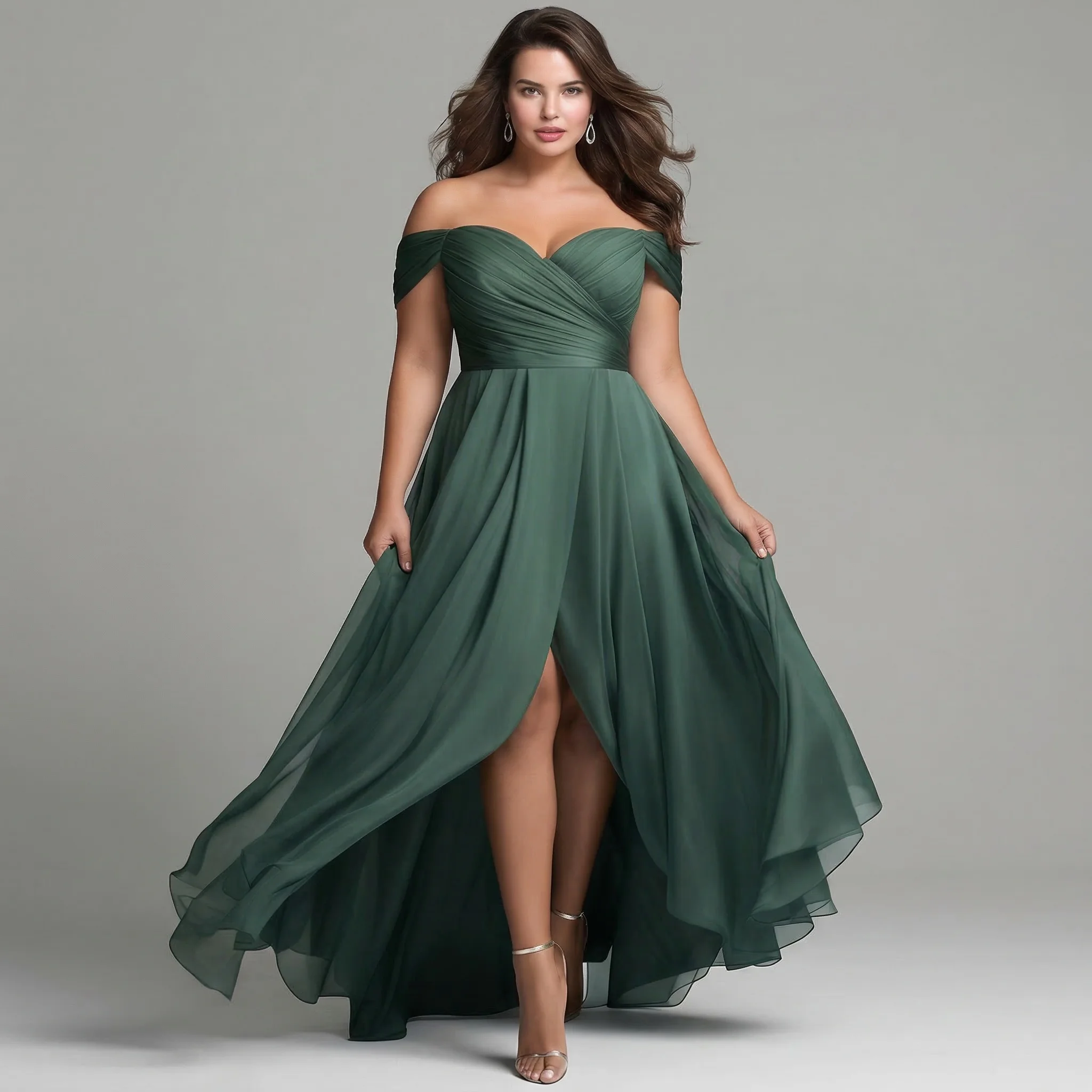 Plus Size Emerald Green Off Shoulder Maxi Dress Sweetheart Neck Ruched Bodice High Slit Chiffon Bridesmaid Evening Gown