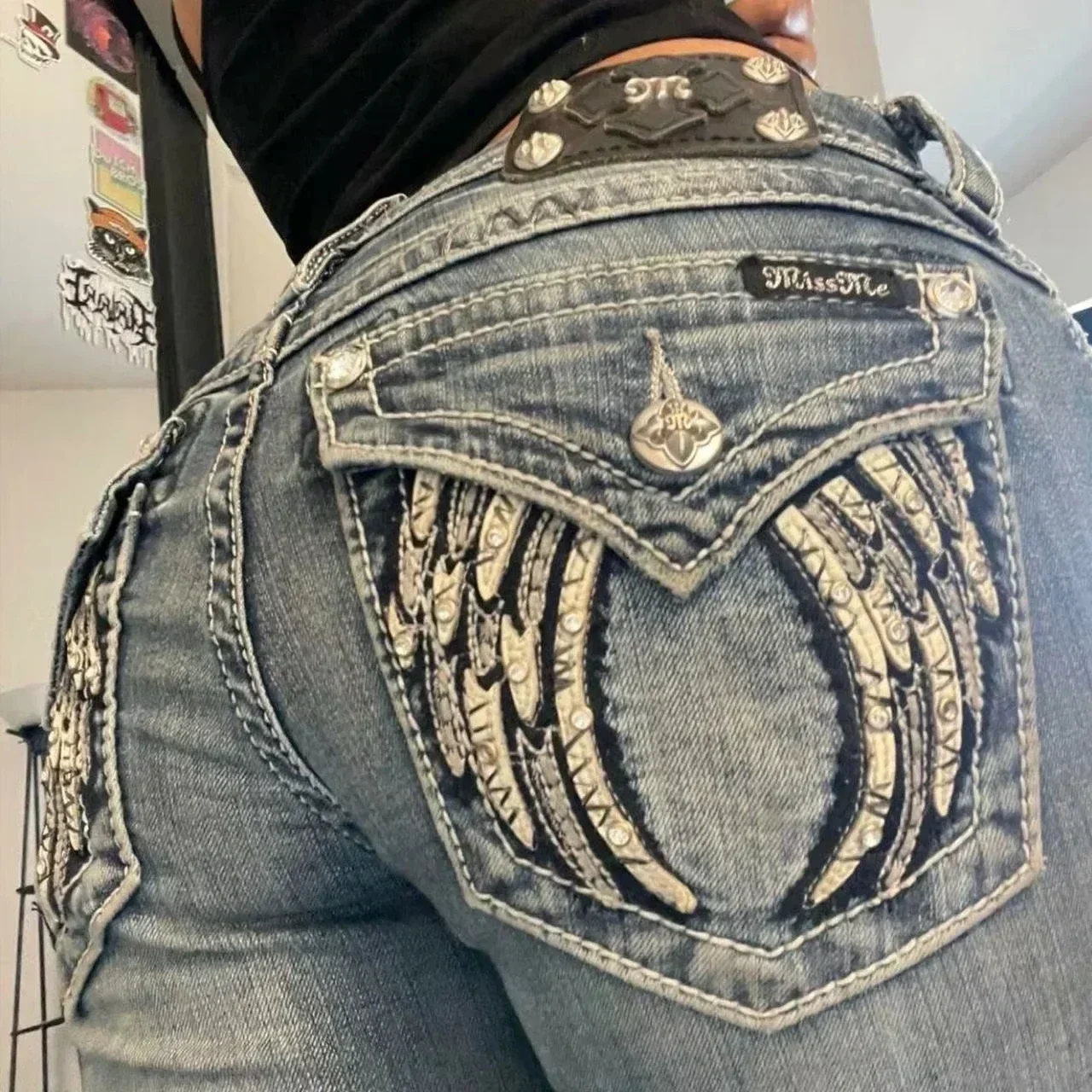American Pocket Embroidered Sequin Jeans Harajuku Retro Blue Loose Jeans New Fashionable High Waisted Slim Fit Flared Pants - Image 8
